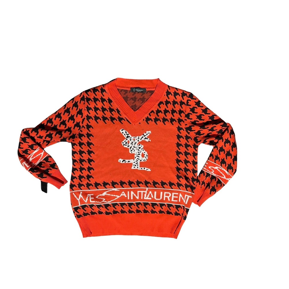 Yves Saint Laurent YSL Orange Black Houndstooth Knit Sweater Womens M
